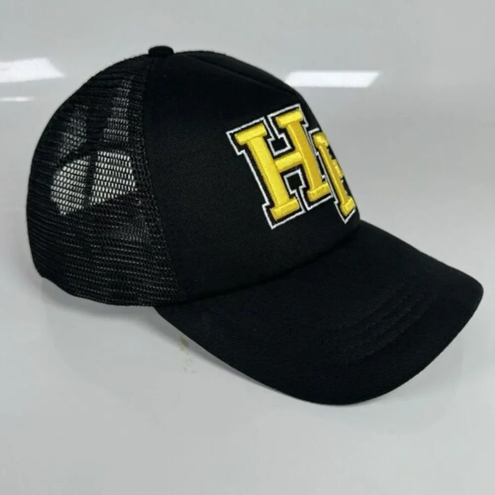Homme Femme HF‎ Varsity Font Trucker Hat SnapBack Black Yellow Letterman OSFA